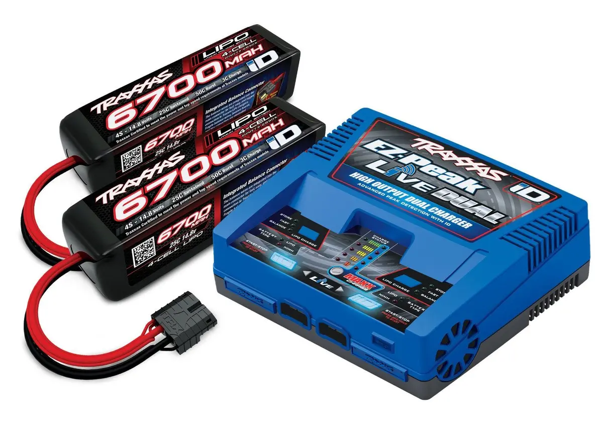 4S Completer Pack (2997): 1 X Ez-Peak Live Dual High Output Charger & 2 X X-Maxx 4S 6700 4-Cell 25C Lipo Batteries 1