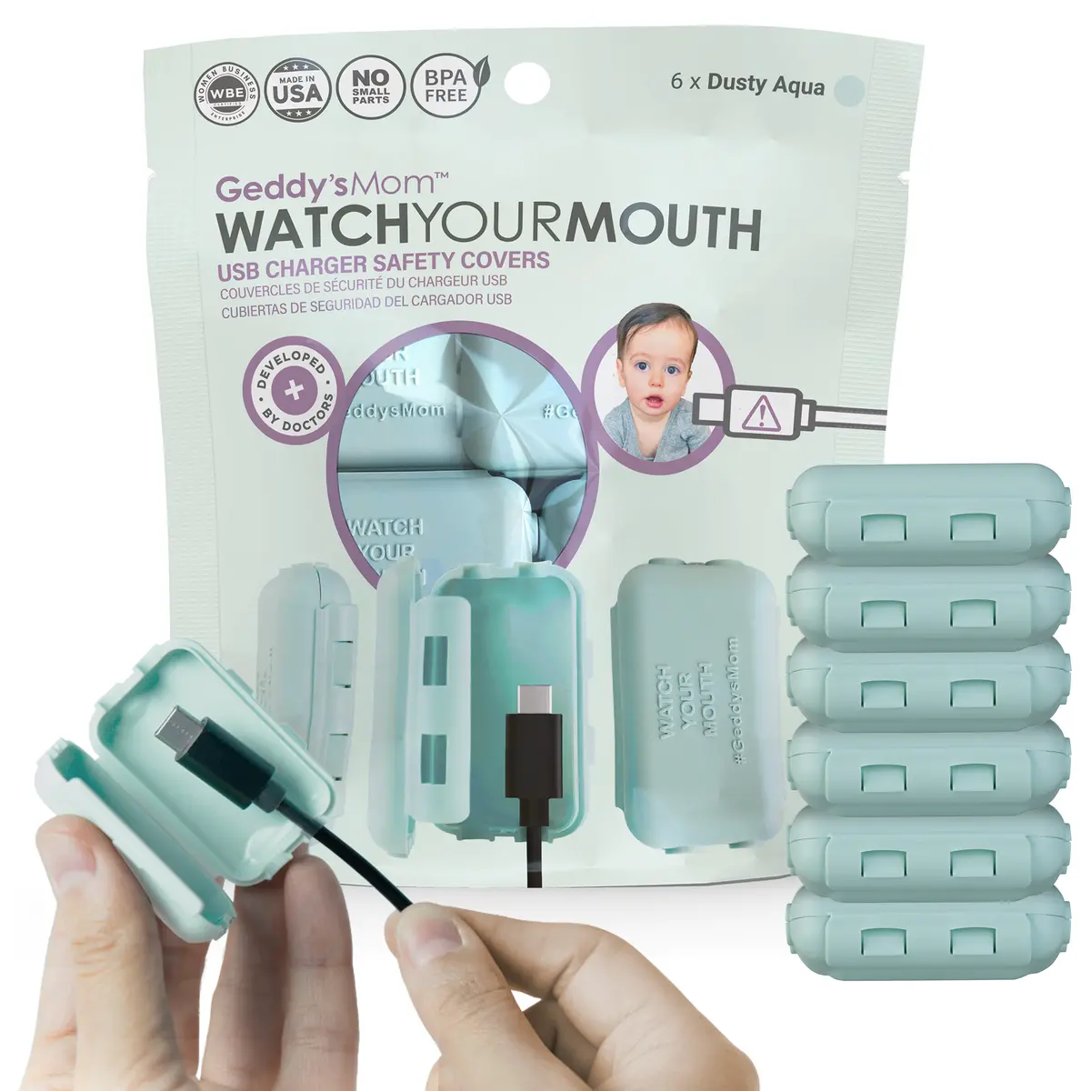 Geddy's Mom Watch Your Mouth - Baby Proofing Usb Charger Cover - Dusty Aqua 6-Pack 1