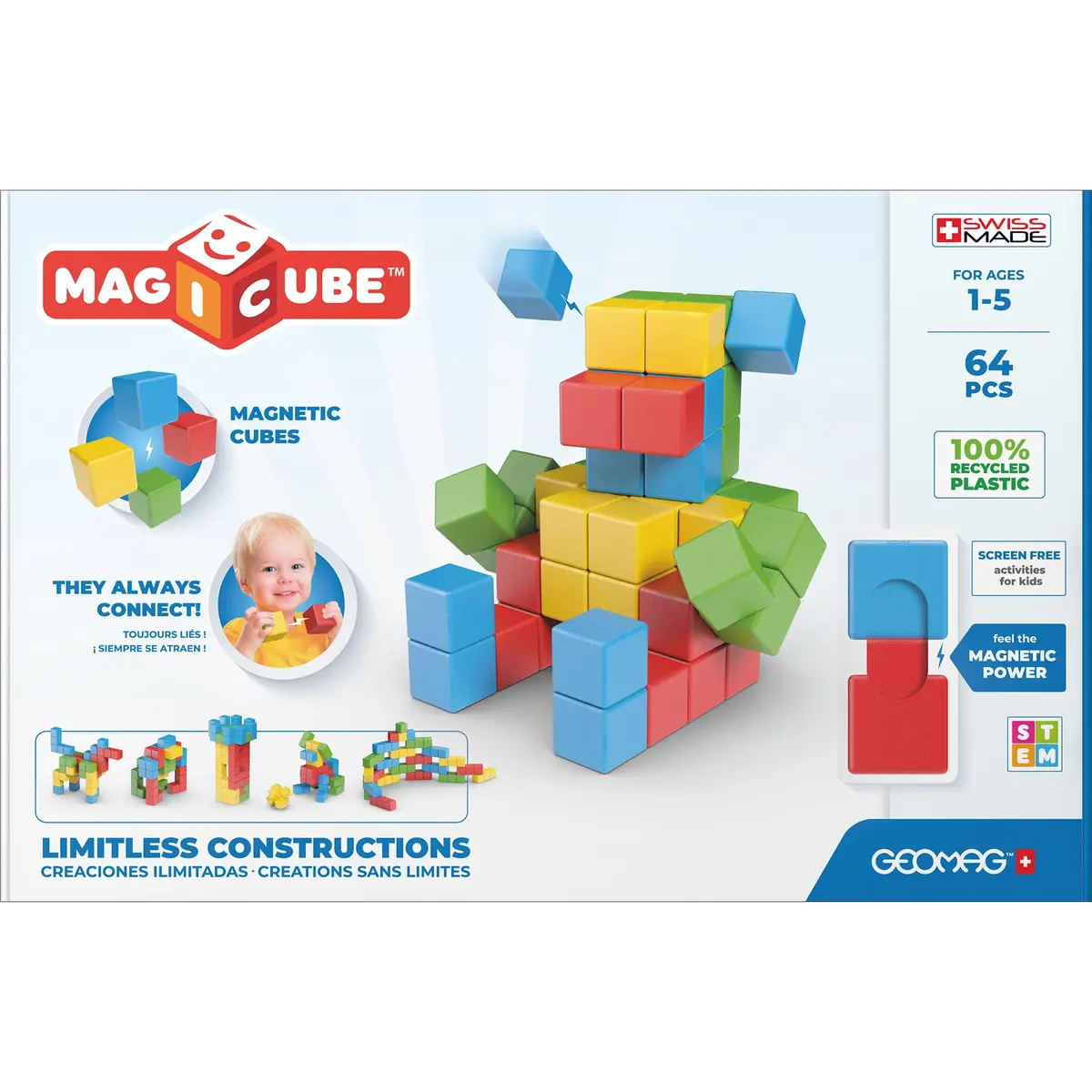 Geomag Magicubes 64-Piece Recycled Magnetic Building Set For Toddlers 1