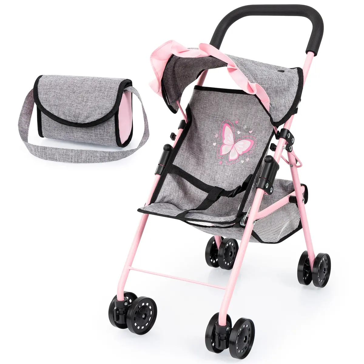 Bayer Design Doll Buggy - Play Stroller, Grey With Pink Butterfly Motif 1