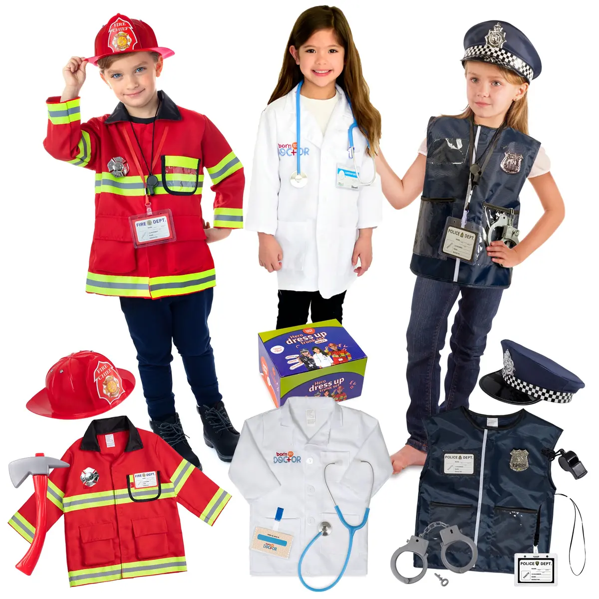 Bintiva 3-In-1 Hero Dress Up Trunk Set - Fireman, Police, Doctor Costumes 1