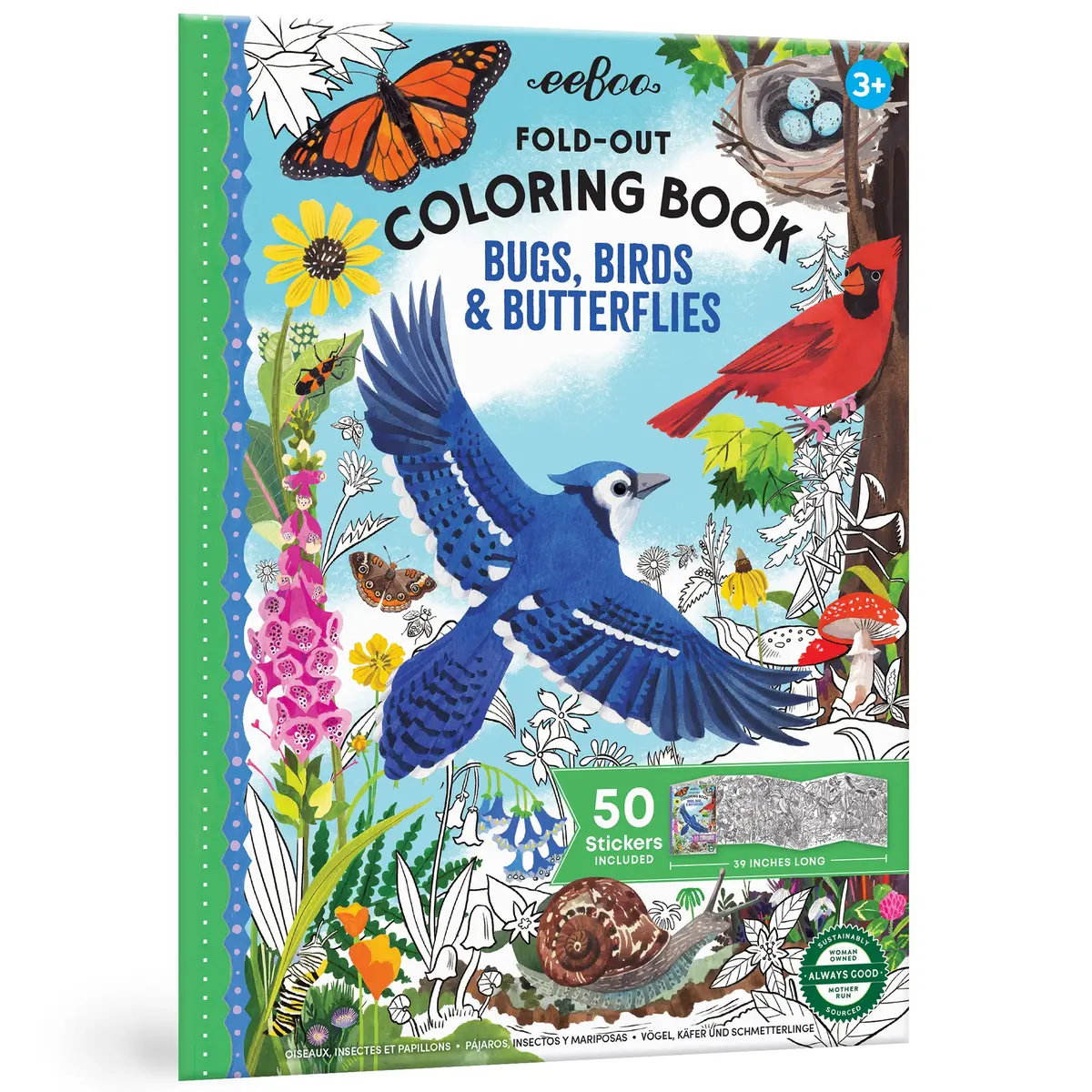 Eeboo Bugs, Birds & Butterflies Fold-Out Coloring Book With 50 Stickers, 39" Space 1