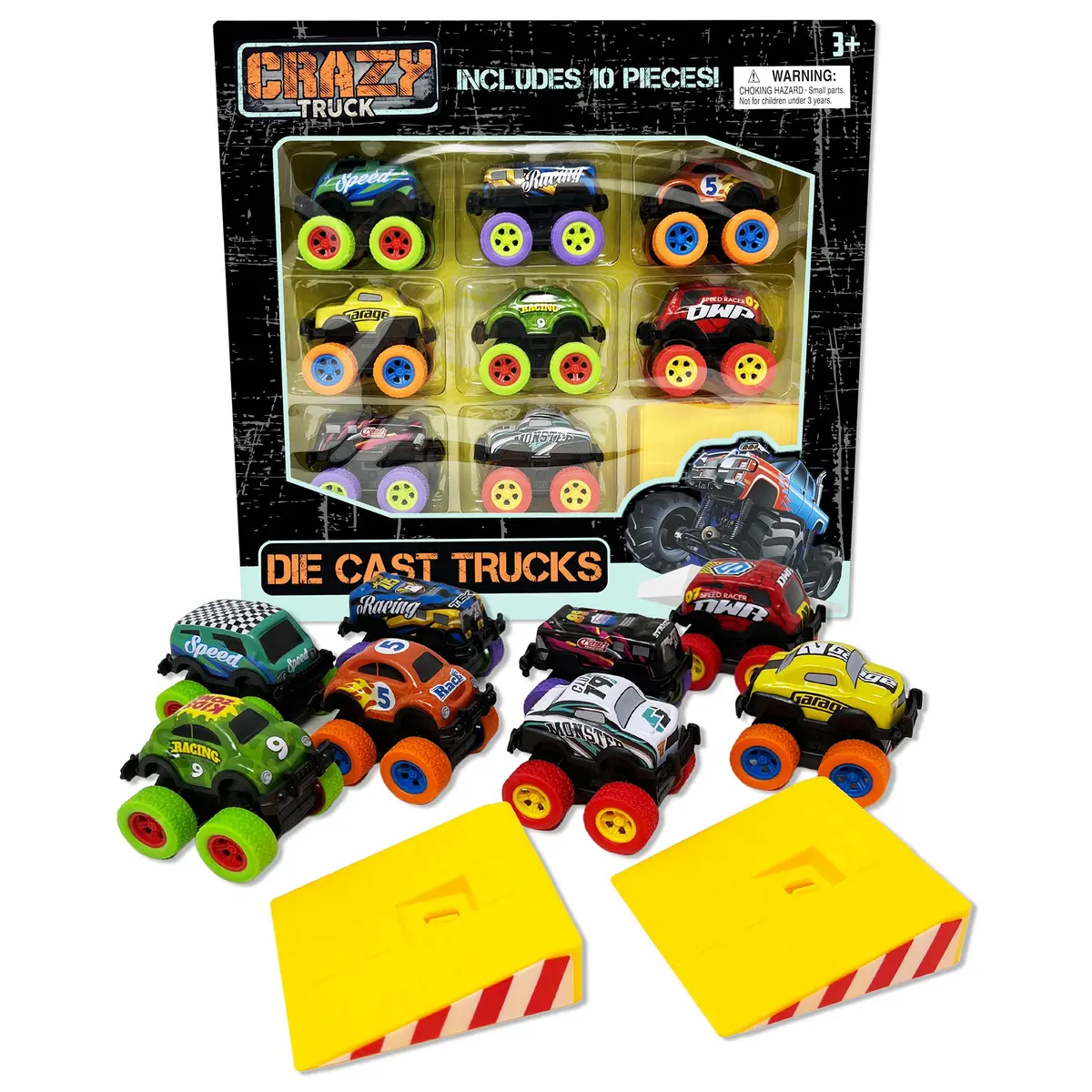 Crazy Truck Die Cast Trucks Set - 10Pc Friction Cars & Stunt Ramps For Kids 3+ 1