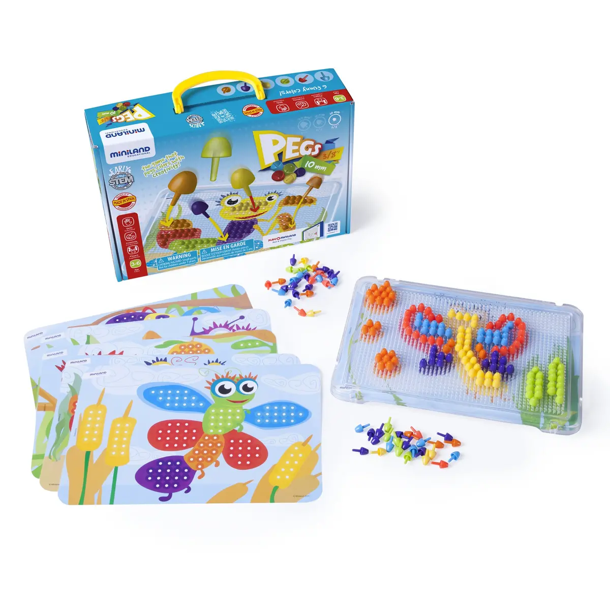 Miniland Educational Pegs Set - 3/8" Pegs With 6 Pattern Cards And 180 Pegs 1