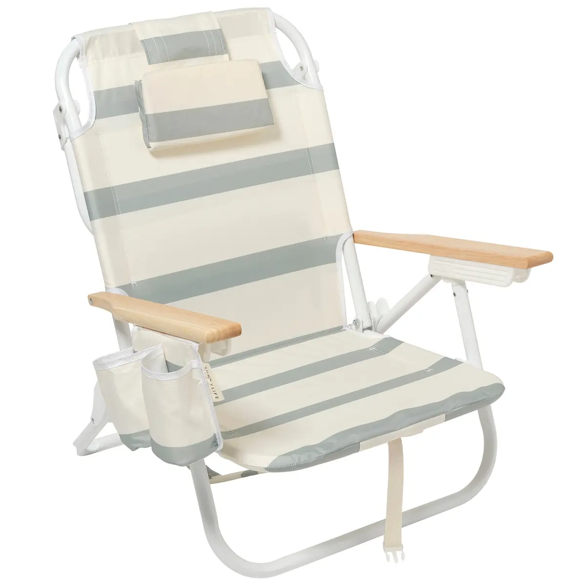 Sunnylife Deluxe Beach Chair - La Palma Sage Stripe With Cooler Bag And Drink Holder 1