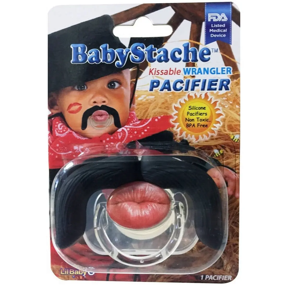 Babystache Kissable Wrangler Novelty Pacifier – Black/Brown 1
