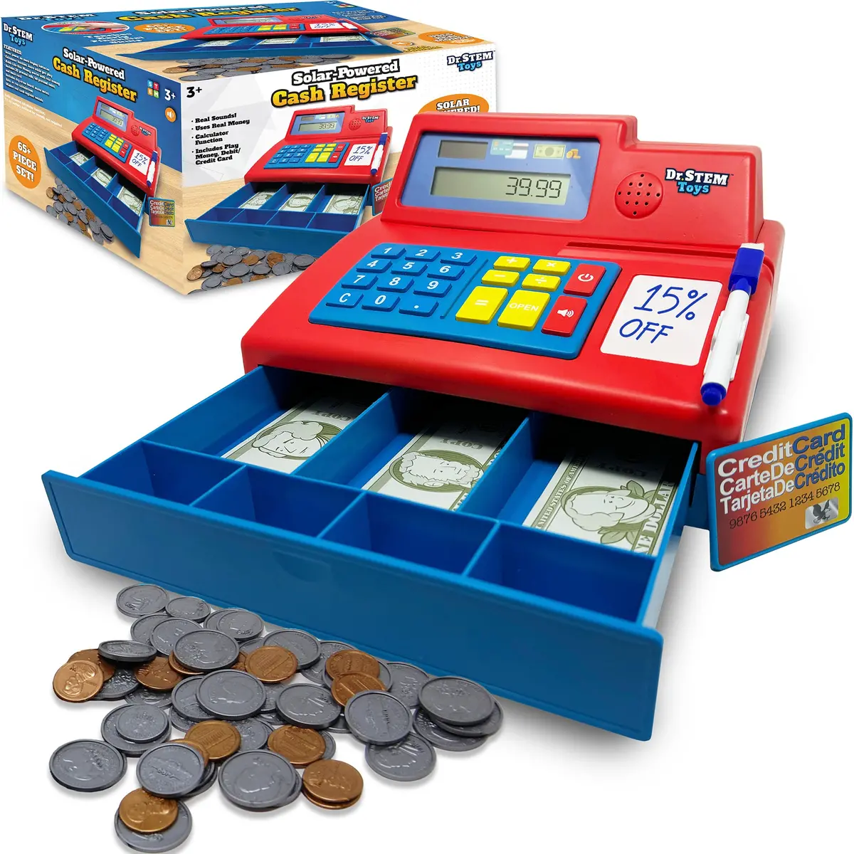 Dr. Stem: Solar-Powered Cash Register - Red - 68Pc Educational Store Roleplay Toy 1