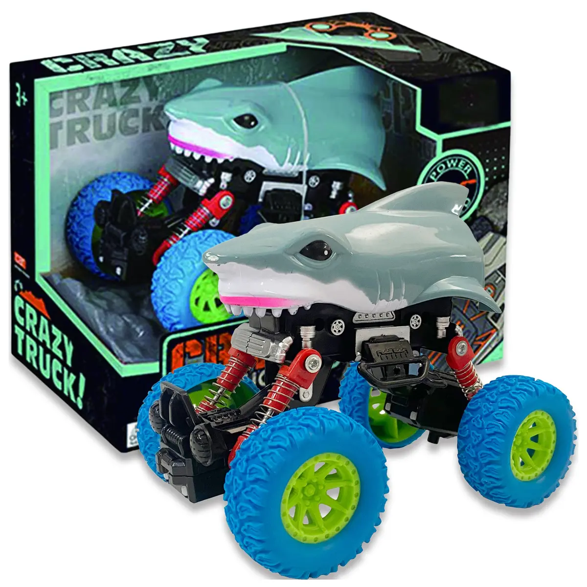 Crazy Truck Big Wheels Shark Truck - 4.5" Friction-Powered Stunt Vehicle For Kids 3+ 1