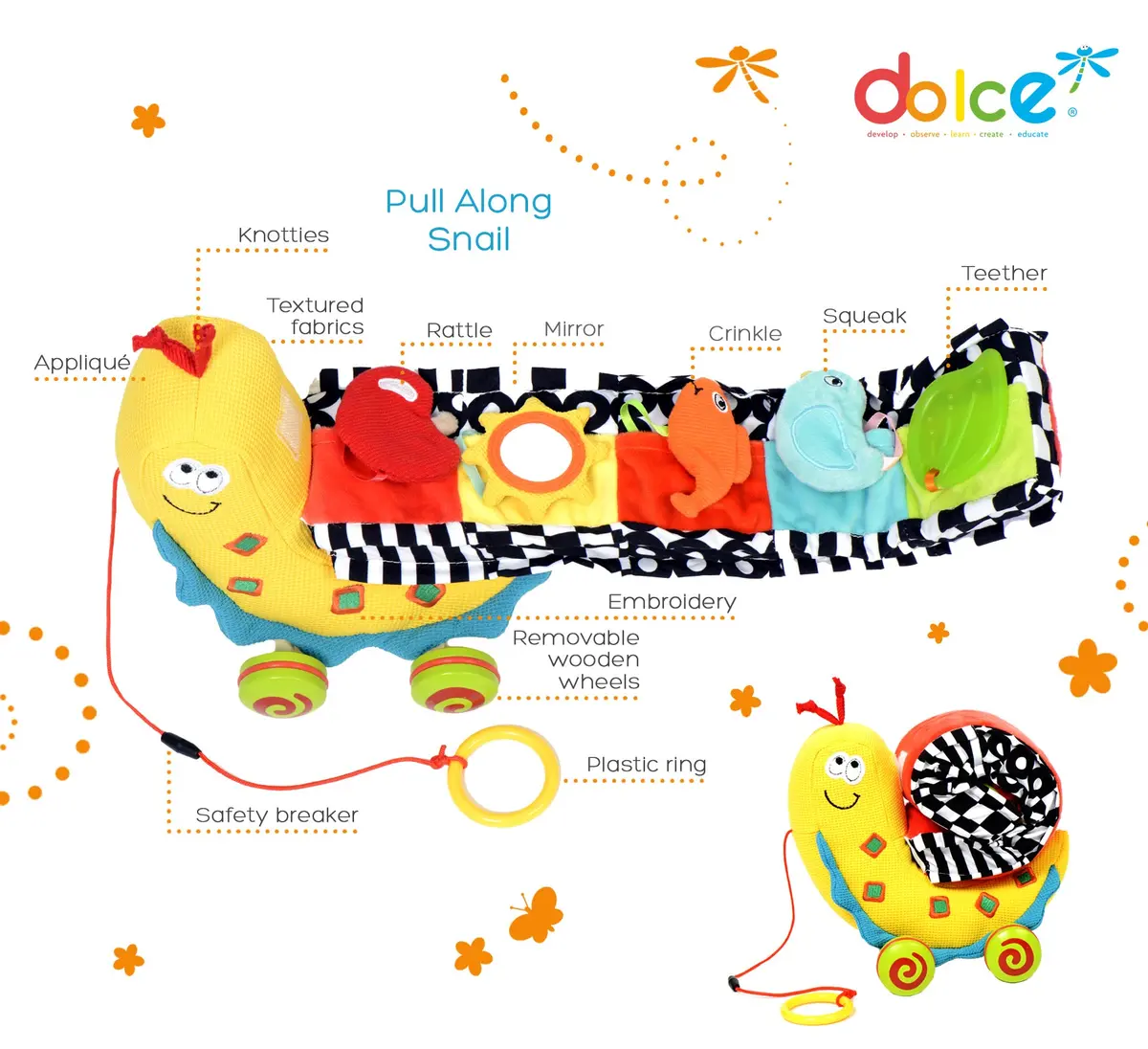 Dolce Sammy The Pull Along Snail - Interactive Toddler Toy 1