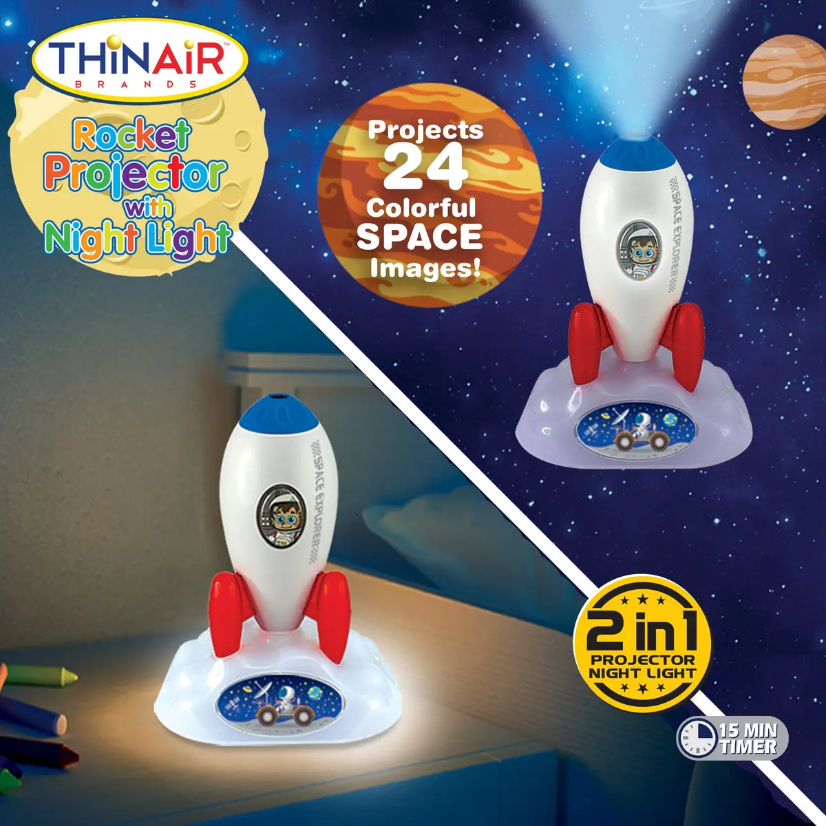 Playful Minds Rocket Projector Night Light - Galactic 2-In-1 Display 2