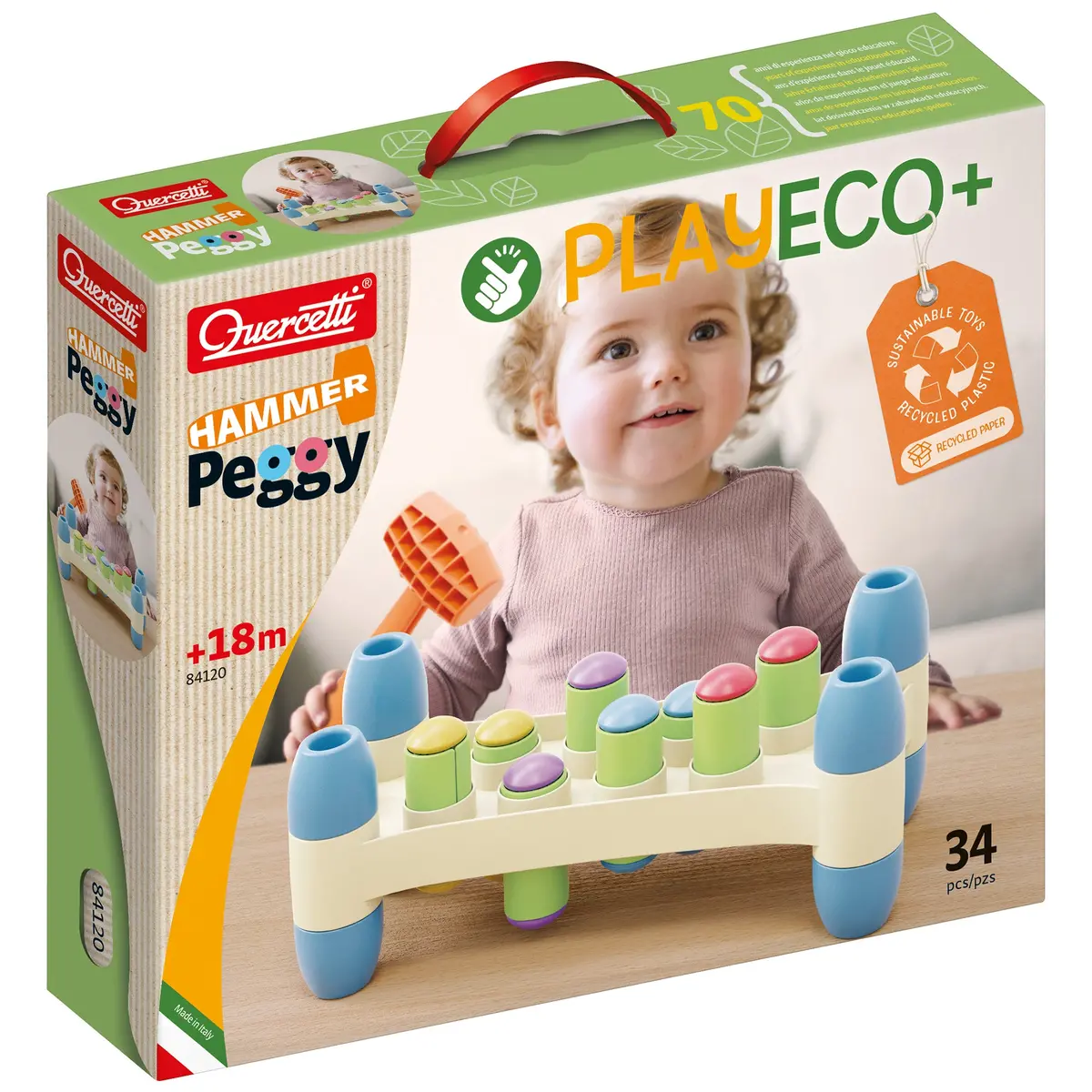 Quercetti Playeco+ Hammer Peggy - Colorful Peg Pounding Toy 1