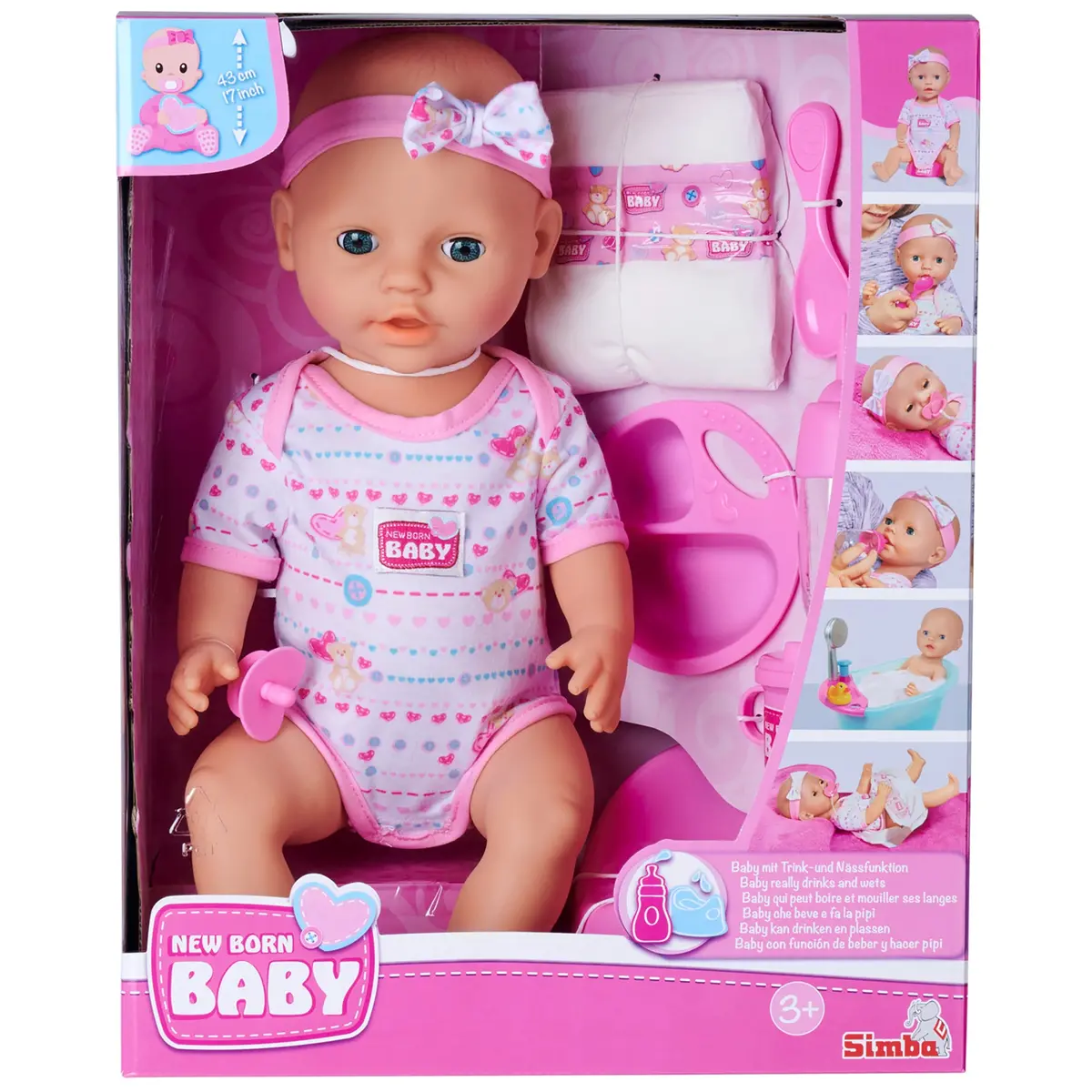 Simba Toys 17" Drink & Wet Baby Doll With Pink Heart Onesie & Accessories 1