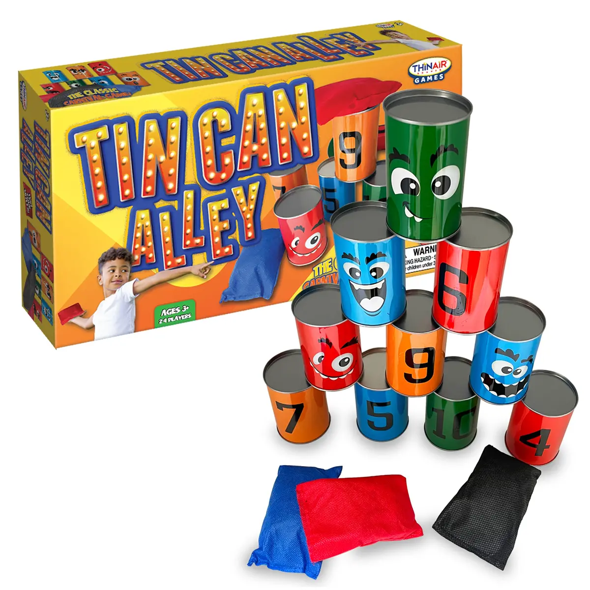 Thin Air Games Tin Can Alley Bean Bag Toss - Carnival Game Set With 10 Emoji Cans And 3 Bags 1