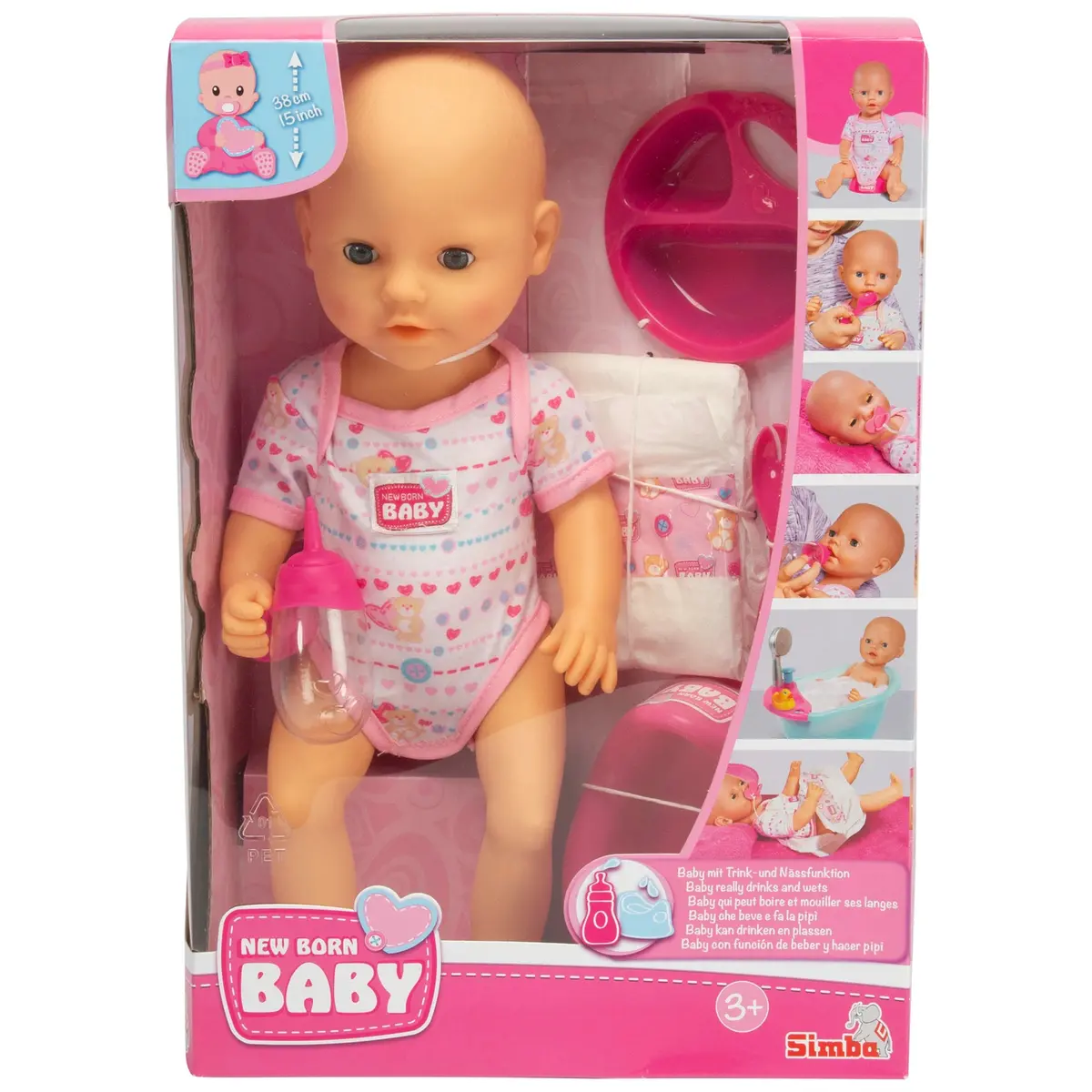 Simba Toys 15" Drink & Wet Baby Doll Set - Pink Heart Onesie 1
