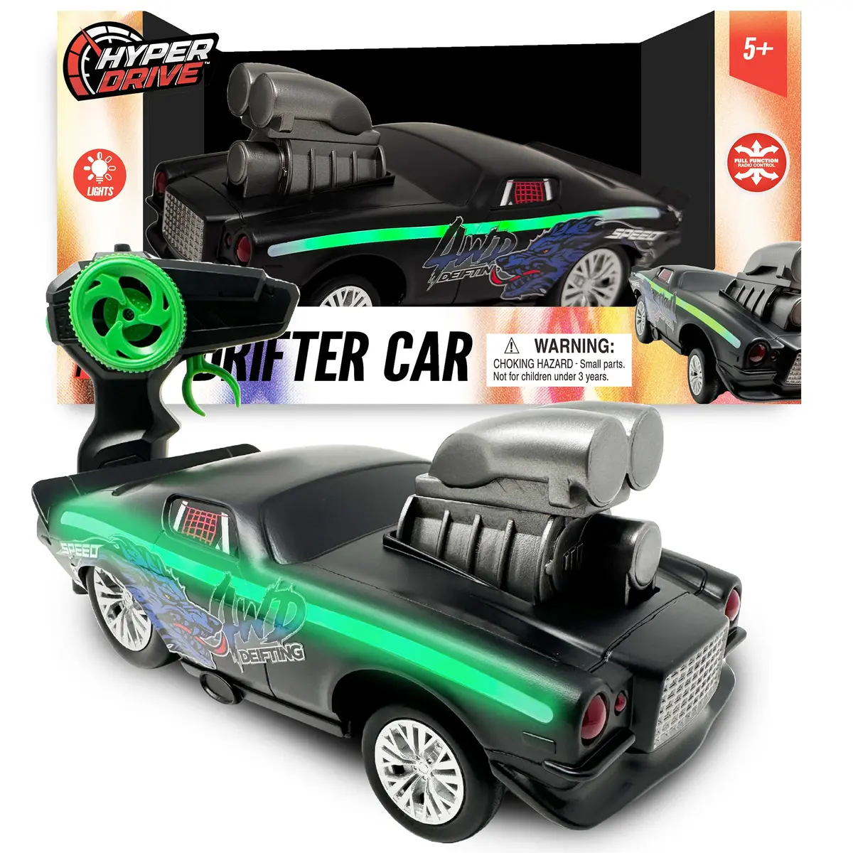 Hyper Drive Rc 1:16 Scale Street Racer - Black-Green With Led Lights 1