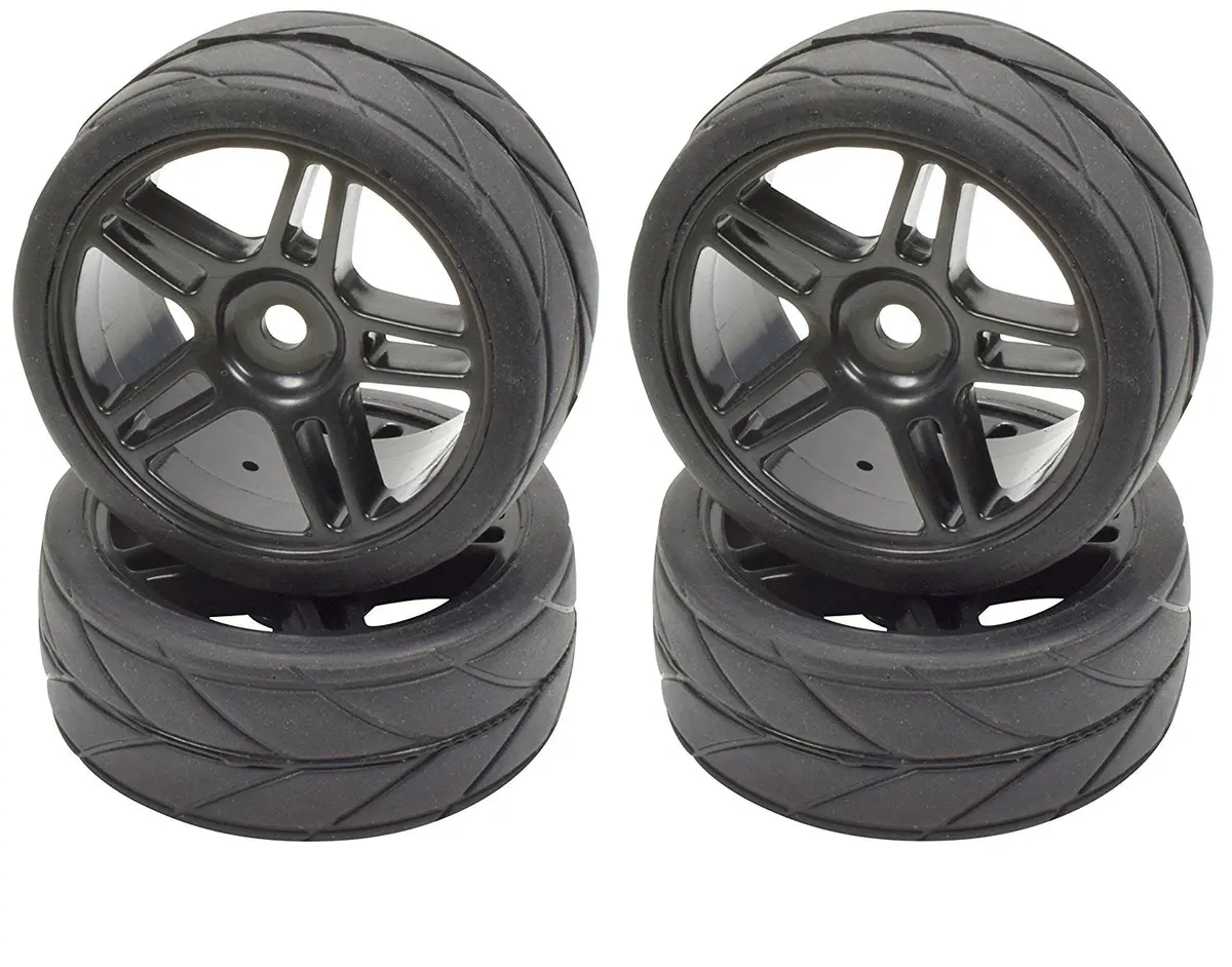 Apex Rc Products 1/10 On-Road Black Split 5 Spoke Wheels & V Tread Rubber Tire Set #5001 1