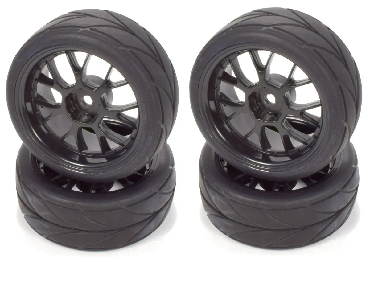 Apex Rc Products 1/10 On-Road Black Mesh Wheels & V Tread Rubber Tire Set #5002 1