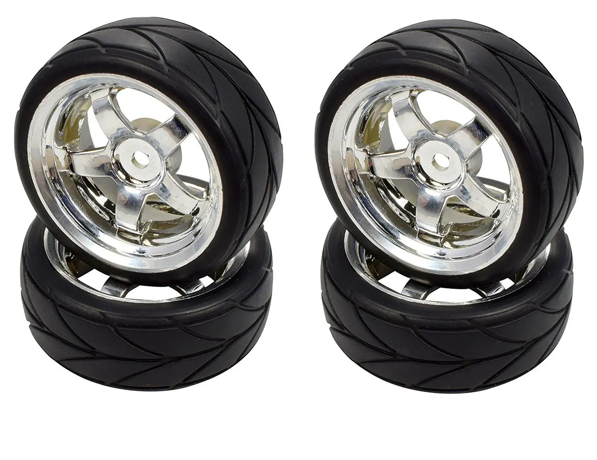 Apex Rc Products 1/10 On-Road Chrome 5 Spoke Wheels & V Tread Rubber Tire Set #5005 1