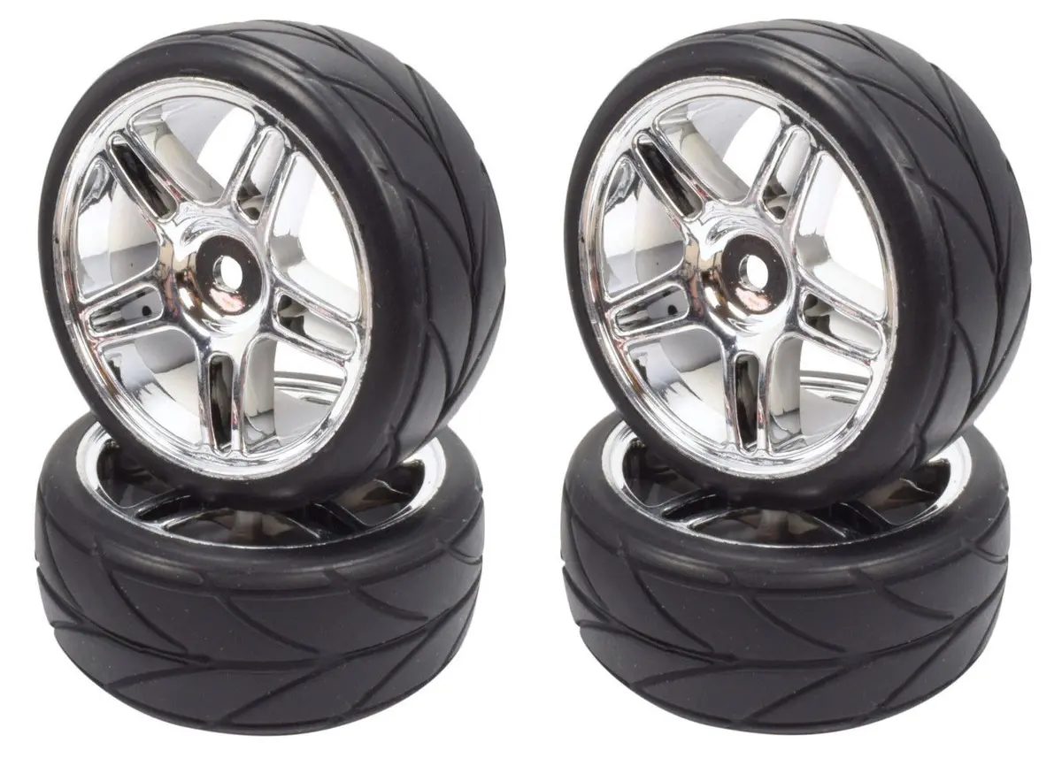 Apex Rc Products 1/10 On-Road Chrome Split 5 Spoke Wheels & V Tread Rubber Tire Set #5006 1