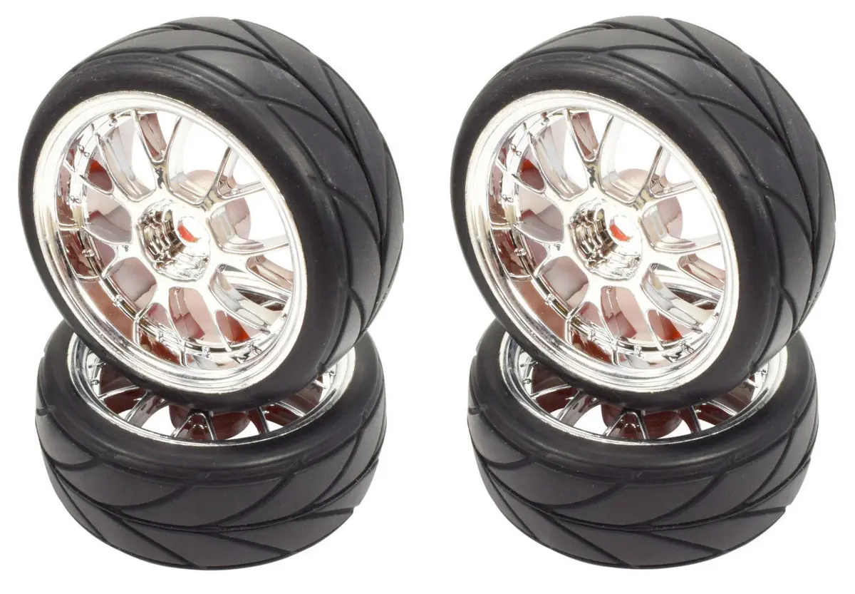 Apex Rc Products 1/10 On-Road Chrome Mesh Wheels & V Tread Rubber Tire Set #5007 1