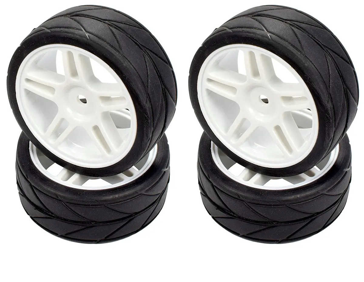 Apex Rc Products 1/10 On-Road White Split 5 Spoke Wheels & V Tread Rubber Tire Set #5016 1