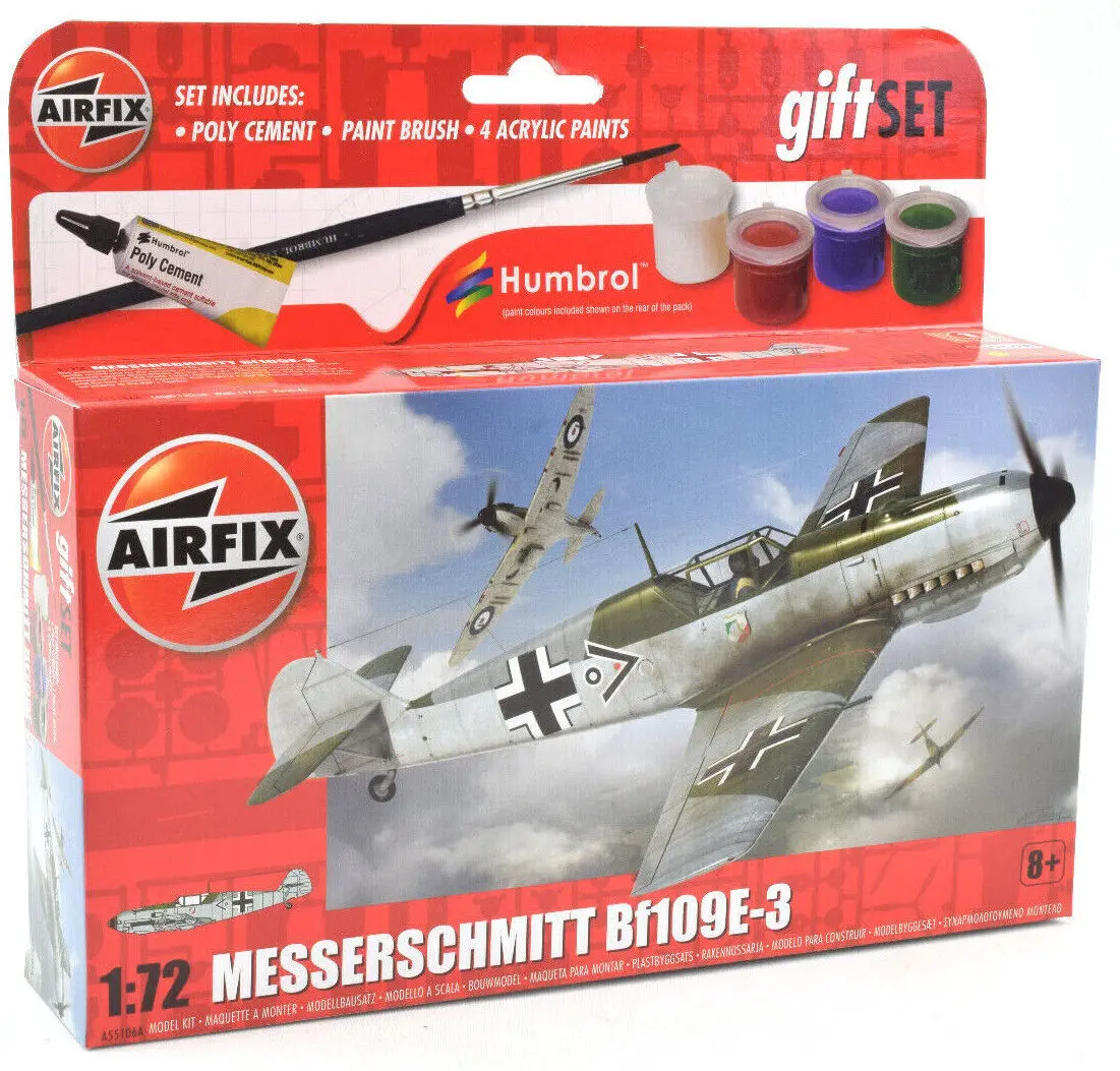Airfix Messerschmitt Bf109e-3 Set W/ Glue, Paints, & Brush 1:72 Model A55106a 1